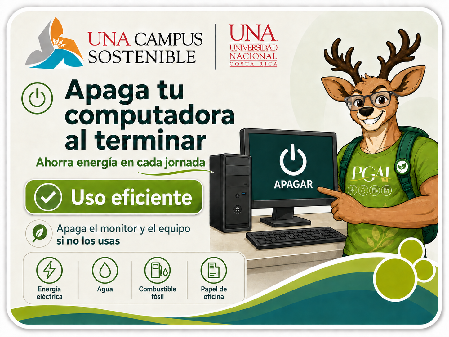 Beni recomienda apagar la computadora al terminar para ahorrar energía.