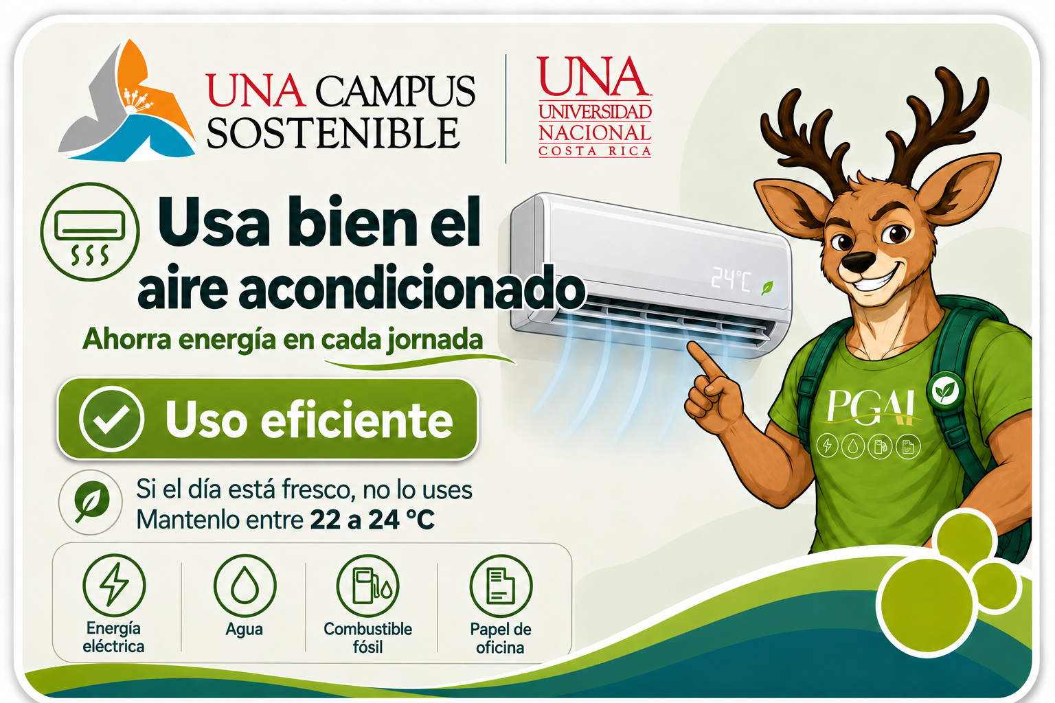 Energía eléctrica: Beni recomienda usar el aire acondicionado de forma eficiente, no usarlo si el día está fresco y mantenerlo entre 22 y 24 °C.